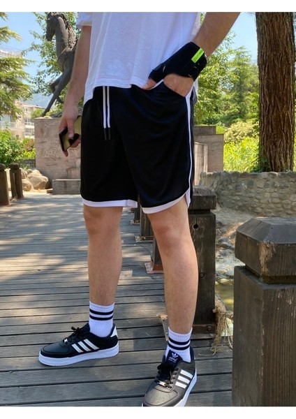 Erkek Siyah Çizgili Pamuk Polyester Günlük Spor Şort Mini Boy indirimleri