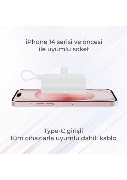 İphone Lightning Soketli Mini Powerbank 5000mah Type-c Dahili Kablolu Taşınabilir Şarj Cihazı Beyaz