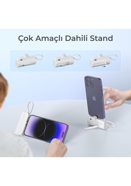 İphone Lightning Soketli Mini Powerbank 5000mah Type-c Dahili Kablolu Taşınabilir Şarj Cihazı Beyaz