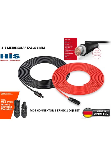 Sunco Solar His Marka 3+3 6 Metre 6 mm Staubli Konnektörlü Solar Kablo Seti fiyatları