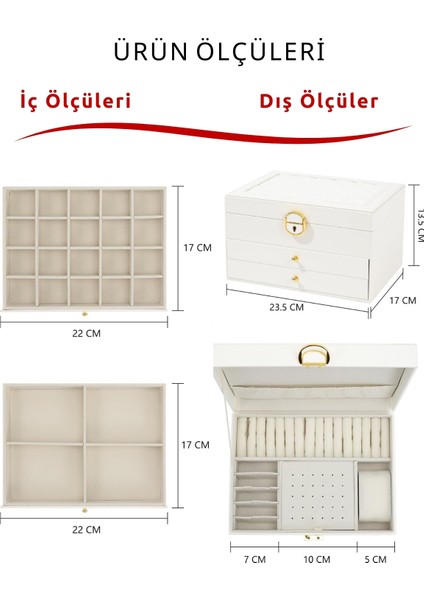 Modern 2 Çekmeceli Takı Mücevher Kutusu Organizer Düzenleyici Beyaz 13 x 23 x 10 cm