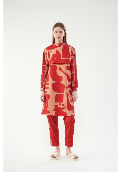 Geo Desenli Tesettür Mayo Bordo Uzun