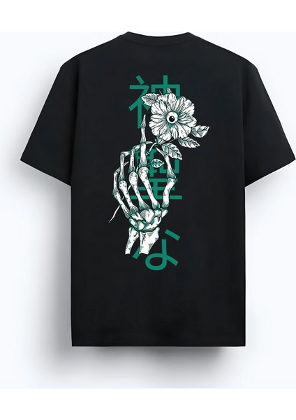Oversize Bisiklet Yaka Baskılı Kısa Kollu Siyah Tişört