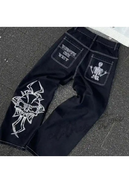 Beyaz Nakışlı Siyah Skeleton Heaven Can Wait Streetwear Gri Double Fire Skull Streetwear Yıkamalı Jean Pantolon