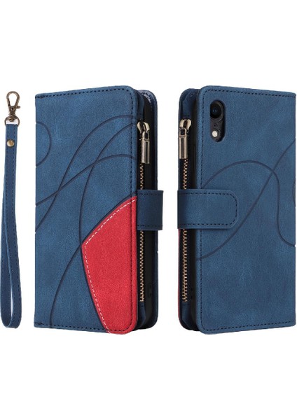 IPhone Xr Iki Renkli Dikiş Fermuar Cüzdan Tarzı Kickstand ile Kılıf (Yurt Dışından)