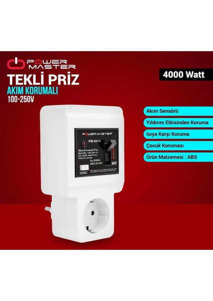 PM-4914 220V -16 Amper Sigortalı Akım Korumalı Tekli Priz