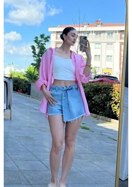 Kot Şort Etek Buz Mavisi