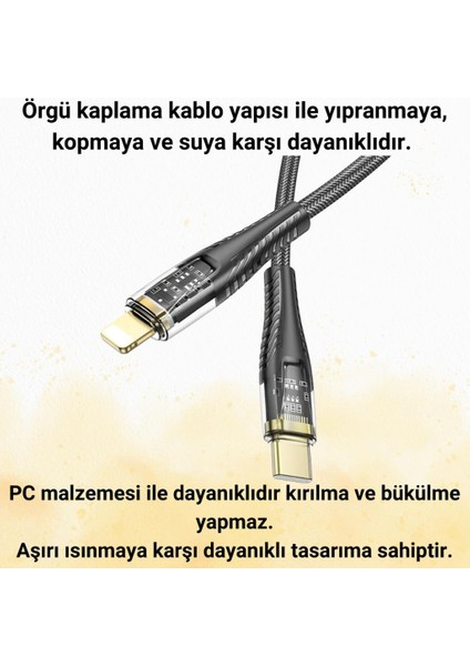 Super Şarj Transparan 1.2mt 27W Type-C To Iphone Şarj Iphone 11 12 13 14 Pro Max Şarj Kablo