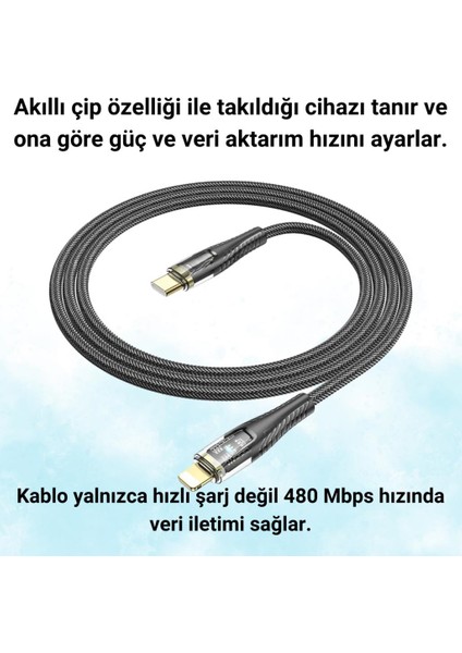 Super Şarj Transparan 1.2mt 27W Type-C To Iphone Şarj Iphone 11 12 13 14 Pro Max Şarj Kablo