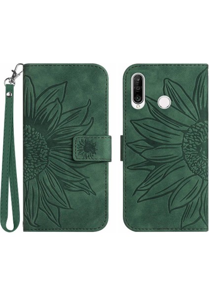 Kart ile Huawei P30 Lite Lüks Pu Deri Kabartmalı Ayçiçeği Için Kılıf (Yurt Dışından)