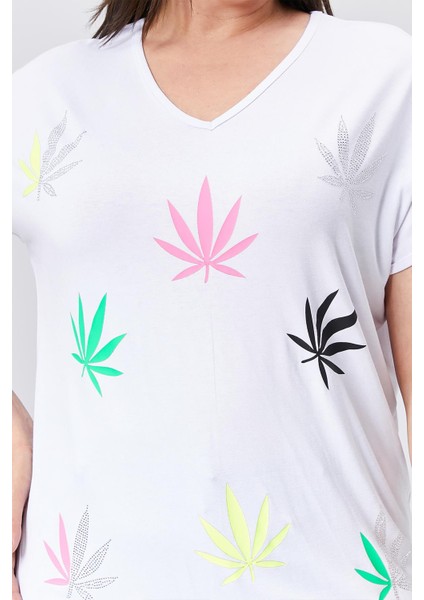 Kadın Büyük Beden Neon Taş Baskılı Beyaz Bluz modelleri