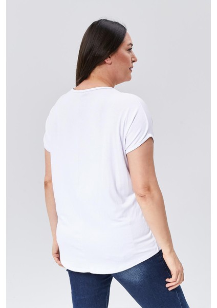 Kadın Büyük Beden Neon Taş Baskılı Beyaz Bluz fırsatları