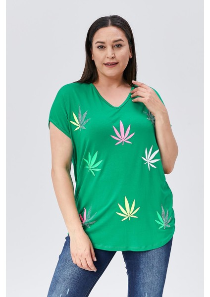 Kadın Büyük Beden Neon Taş Baskılı Yeşil Bluz