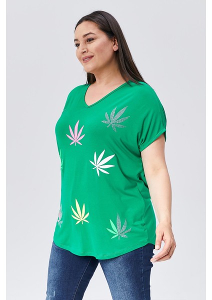 Kadın Büyük Beden Neon Taş Baskılı Yeşil Bluz fiyatları