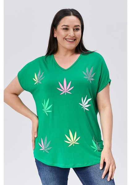 Kadın Büyük Beden Neon Taş Baskılı Yeşil Bluz modelleri