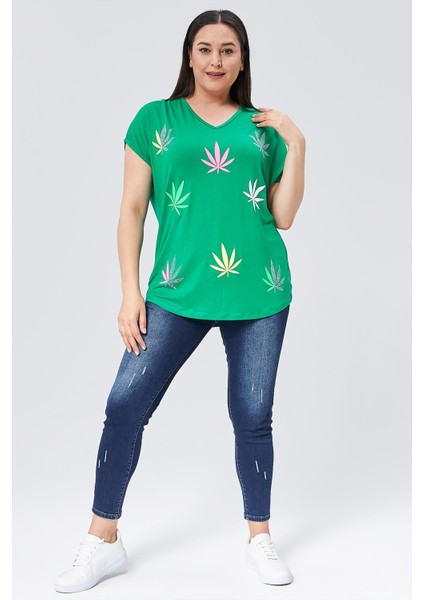 Kadın Büyük Beden Neon Taş Baskılı Yeşil Bluz fırsatları