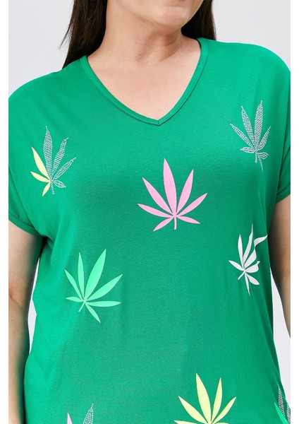 Kadın Büyük Beden Neon Taş Baskılı Yeşil Bluz indirimleri