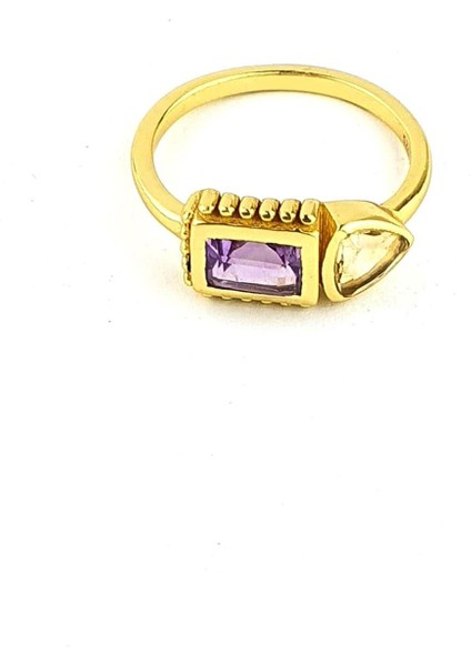 Ametist ve Sitrin Taşlı 925AYAR Gümüş Üzerine Altın Kaplama Tasarım Doğal Taş Yüzük