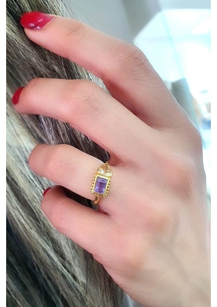 Ametist ve Sitrin Taşlı 925AYAR Gümüş Üzerine Altın Kaplama Tasarım Doğal Taş Yüzük fiyatları