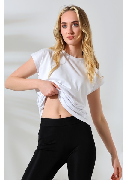 Bisiklet Yaka Penye Kompakt Pamuk T-Shirt 21570 Beyaz