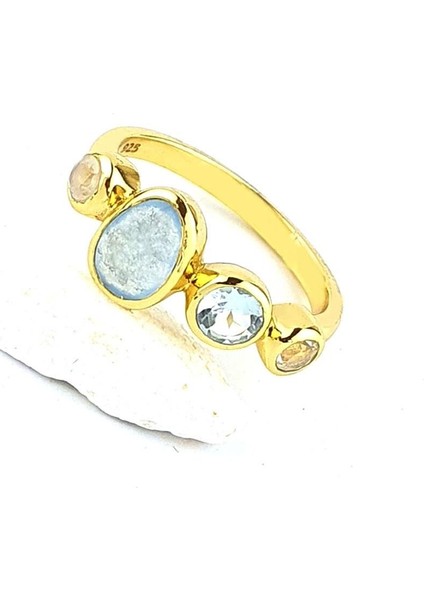 Sitrin Aquamarin Kalsedon Ay Taşı 925AYAR Gümüş Üzerine Altın Kaplama Tasarım Doğal Taş Yüzük