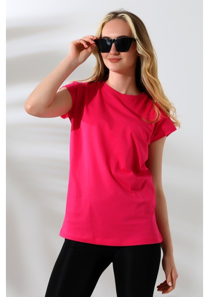 Bisiklet Yaka Penye Kompakt Pamuk T-Shirt 21570 Açık Fuşya