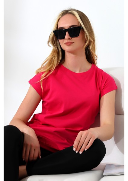 Bisiklet Yaka Penye Kompakt Pamuk T-Shirt 21570 Açık Fuşya