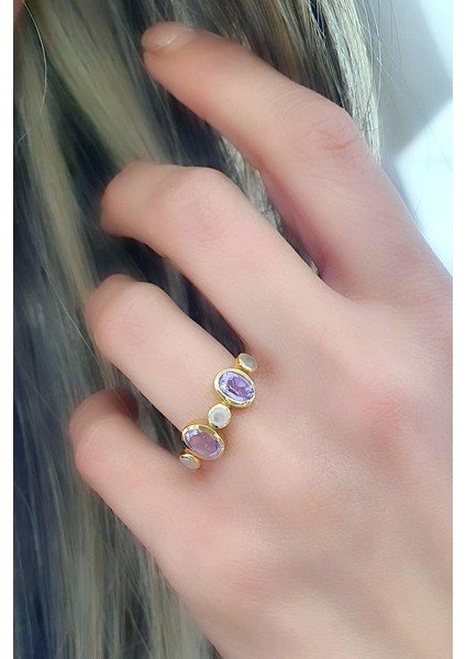 Ametist ve Pembe Kuvars Taşlı 925AYAR Gümüş Üzerine Altın Kaplama Tasarım Doğal Taş Yüzük