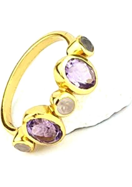 Ametist ve Pembe Kuvars Taşlı 925AYAR Gümüş Üzerine Altın Kaplama Tasarım Doğal Taş Yüzük fiyatları