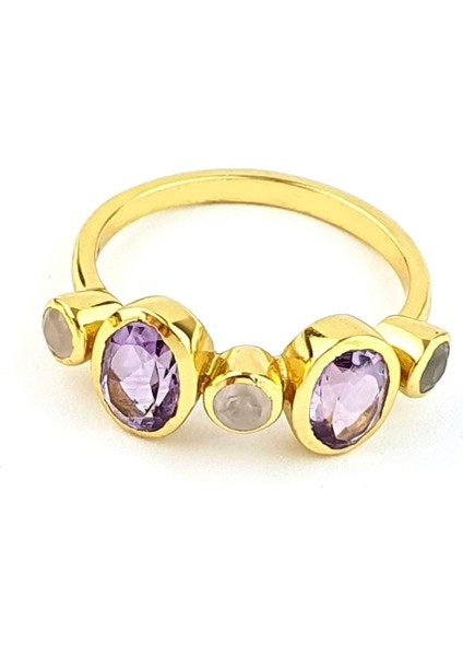 Ametist ve Pembe Kuvars Taşlı 925AYAR Gümüş Üzerine Altın Kaplama Tasarım Doğal Taş Yüzük modelleri