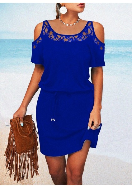 Kadın Kısa Kollu Dantel Detay Beli Ipli Omuz Dekolteli Viskon Elbise