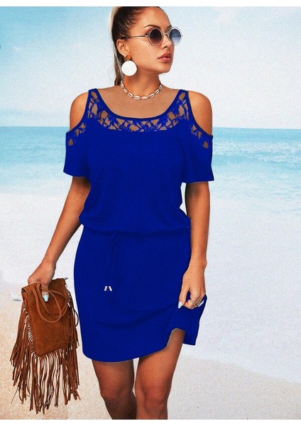 Kadın Kısa Kollu Dantel Detay Beli Ipli Omuz Dekolteli Viskon Elbise fiyatları