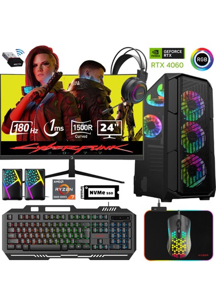 XSR488 Ryzen 7 5700X 32GB Ram 512GB M.2 Nvme SSD 8gb RTX4060 24"curved 180Hz Oyun Bilgisayarı