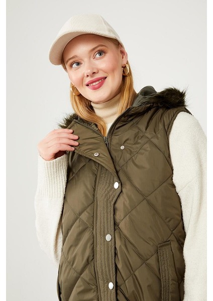 Haki Kürk Kapüşonlu Şişme Yelek modelleri