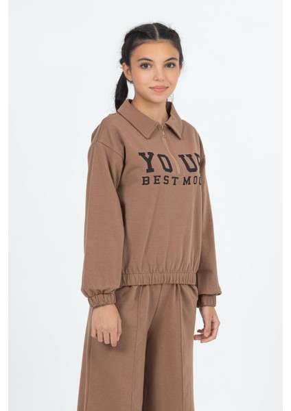 Kız Çocuk Yazı Baskılı Yakalı Fermuarlı Oversize Ikiip Mevsimlik Uzun Kollu Ikili Takım 10-13 Yaş