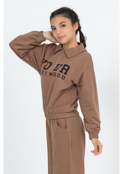 Kız Çocuk Yazı Baskılı Yakalı Fermuarlı Oversize Ikiip Mevsimlik Uzun Kollu Ikili Takım 10-13 Yaş