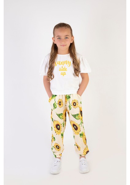 Kız Çocuk Bayramlık Ayçiçek Desenli Viskon Kumaş Kısa Kollu Ikili Takım 6-9 Yaş