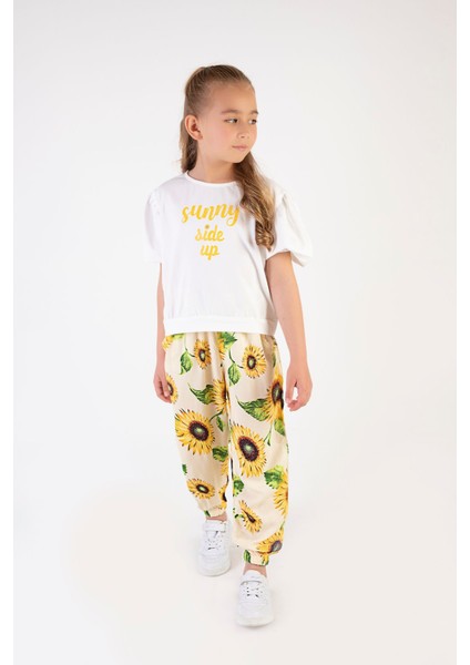 Kız Çocuk Bayramlık Ayçiçek Desenli Viskon Kumaş Kısa Kollu Ikili Takım 6-9 Yaş fiyatları