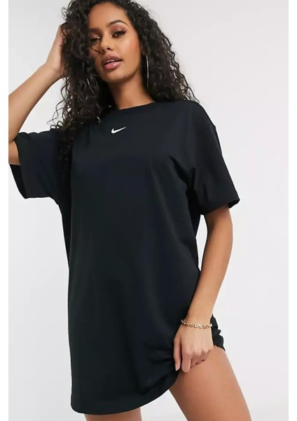 Sportswear Essential Bol Kesim Pamuklu Siyah Kadın Elbise Tişört