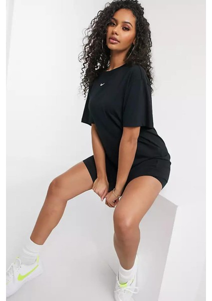 Sportswear Essential Bol Kesim Pamuklu Siyah Kadın Elbise Tişört modelleri
