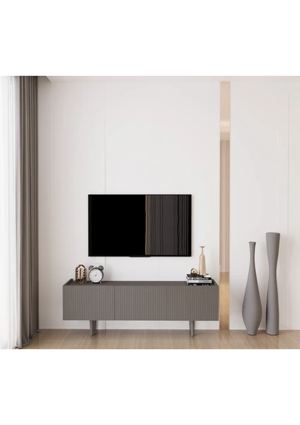 Capella Gri Mdf Country 3 Kapaklı Ahşap Ayaklı 140 cm Tv Ünitesi