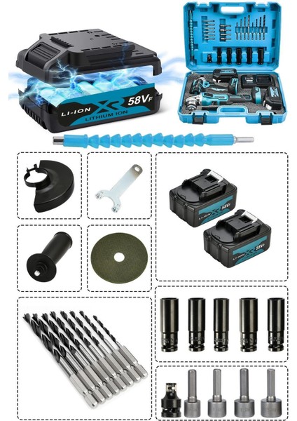 21V 2.0Ah Şarjlı Somun Sıkma Sökme Darbeli 450Nm + Şarjlı Taşlama 125mm Kömürsüz Profesyonel 2'li Set