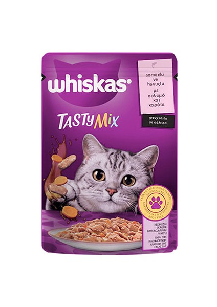 Pouch Tastymix Sos Içinde Somonlu ve Havuçlu Yetişkin Kedi Konservesi 6 Adet 85 gr