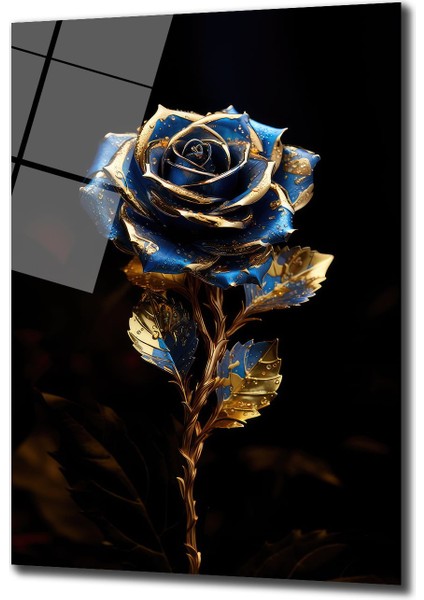 Altın Mavi̇ Gül Dekorati̇f Di̇key Cam Tablo, Ev Dekorasyon, Ofi̇s Dekorasyon fiyatları