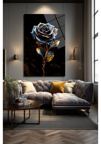 Altın Mavi̇ Gül Dekorati̇f Di̇key Cam Tablo, Ev Dekorasyon, Ofi̇s Dekorasyon modelleri