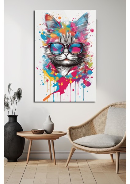 Renk Patlaması Kedi̇ Di̇key Cam Tablo Dekorati̇f Tablo modelleri