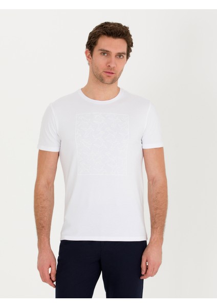 Erkek Beyaz Bisiklet Yaka Slim Fit T-Shirt 50266621-VR013