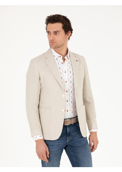 Erkek Bej Slim Fit Keten Karışımlı Ceket 50264773-VR011
