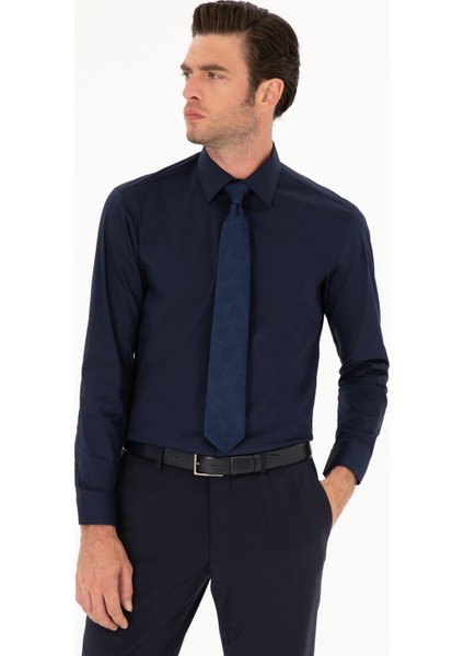 Erkek Lacivert Slim Fit Pamuk Karışımlı Gömlek 50284433-VR033