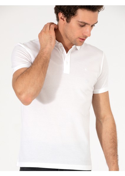 Erkek Beyaz Polo Yaka Slim Fit Basic Merserize T-Shirt 50265364-VR013